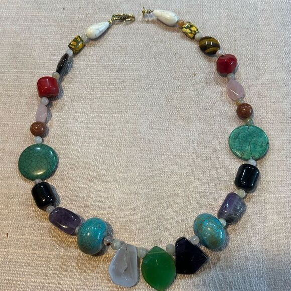 Handmade New 22” Bohemian Genuine Stone Necklace Jade,Carnelian,Quartz amethyst - Picture 4 of 5